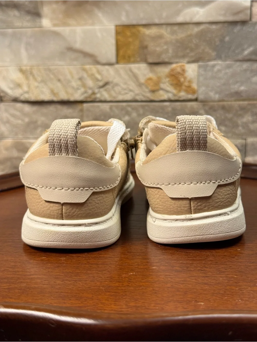 Kids Sz 7 Eur 23 Zara Monochrome Beige Textured Low-top W/ Zipper Sneaker Shoe